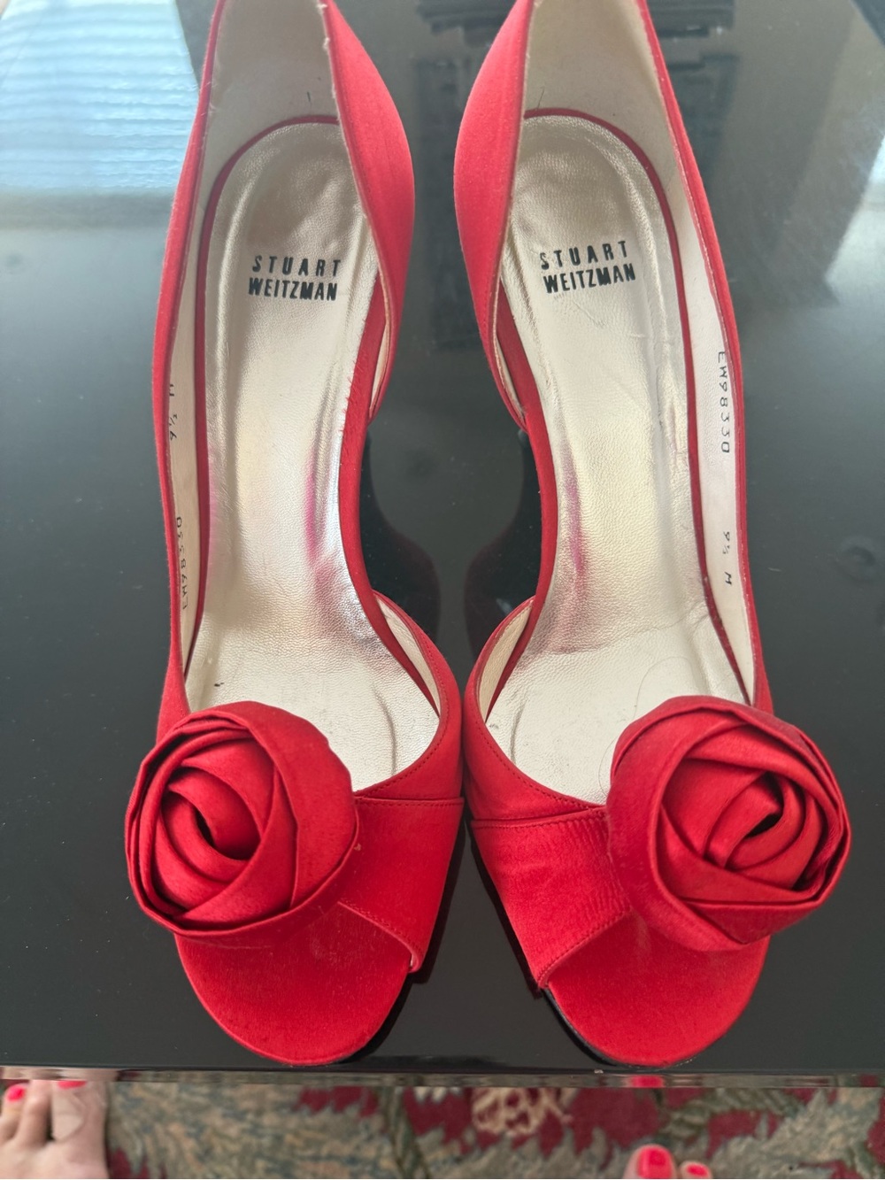 Stuart Weitzman Red Satin Peep-Toe Pumps with Rosette